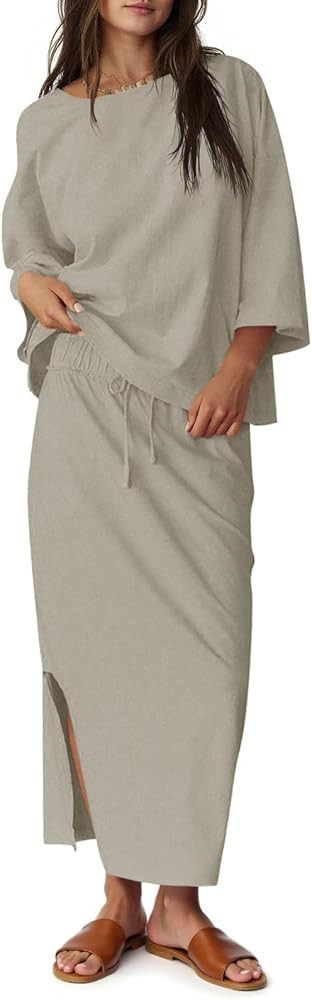 Tankaneo Womens 2 Piece Skirt Sets Oversized 3/4 Sleeve Top and Maxi Skirt Fall Matching Outfits ... | Amazon (US)