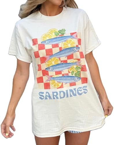 Women Teen Girls Oversized Graphic Tee Shirts Y2k Lobster Sardine Print Baggy Tee Top Summer Aest... | Amazon (US)