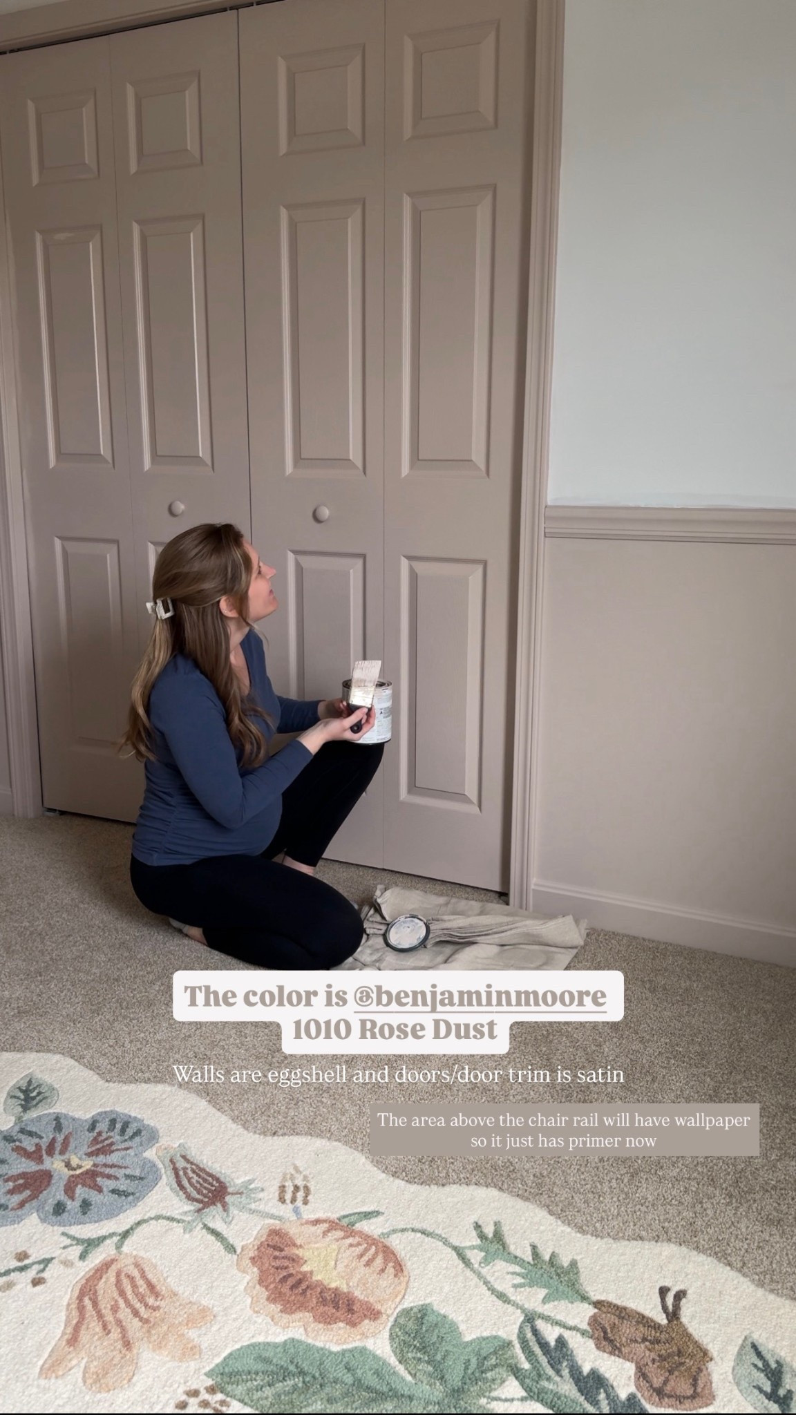 Nursery wall color is Benjamin Moore’s Rose Dust 1010. It’s a pretty neutral pink / mauve colorr