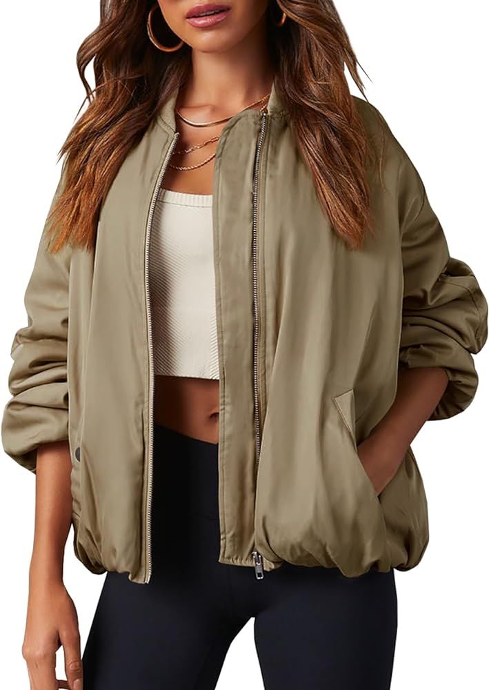 Tankaneo Womens Zip Up Bomber Jacket Oversized Fashion Casual Fully Lined Winter Coats With Pocke... | Amazon (US)