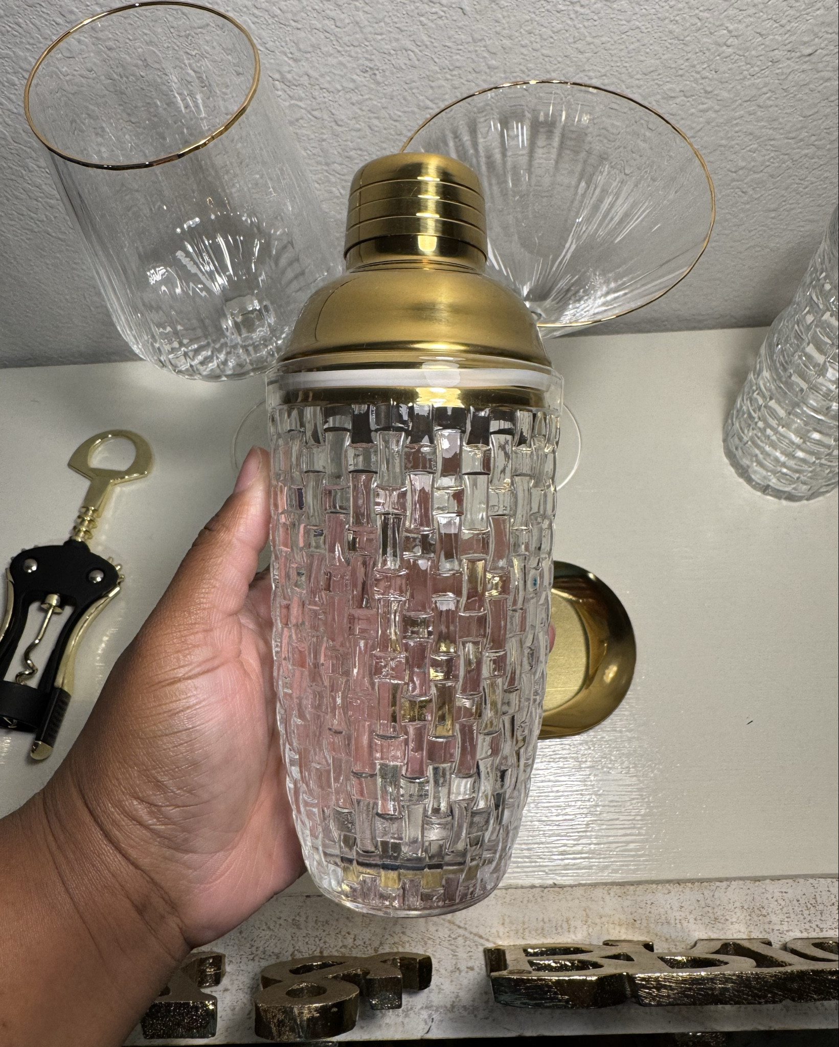 Cut-glass cocktail shaker with gold top. Heavy, solid, and looks way more expensive than it is. A bar staple that doubles as decor when it’s not in use. 🍸✨

#LTKHome