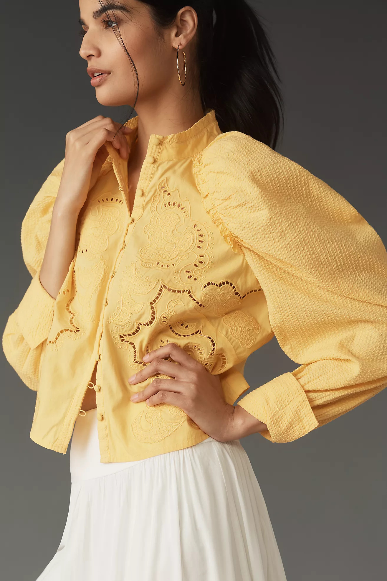 Maeve Puff-Sleeve Embroidered Lace Popover Blouse | Anthropologie (US)