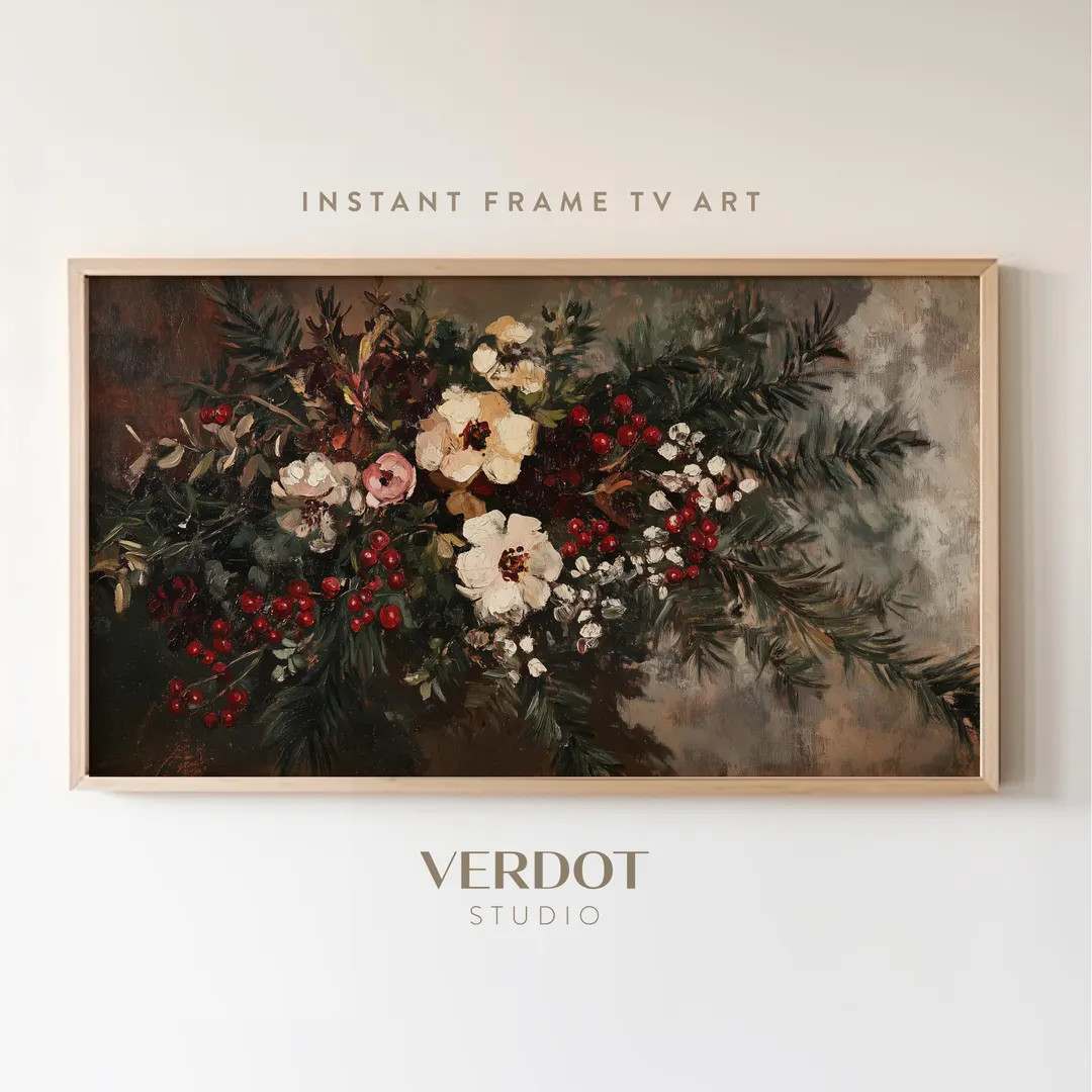 Vintage Winter Floral Christmas Frame Tv Art, Holiday Botanical Flower Painting Tv Digital Downlo... | Etsy (US)