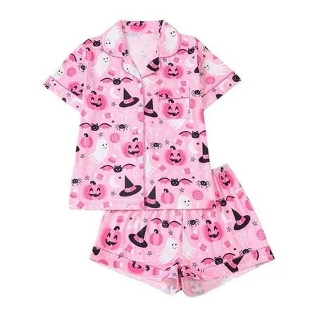 Xmyrz Womens Pajamas Sets Outfit Sets Halloween Pumpkin Printed Short Sleeve Homewear Button Down Lapel Leisure Sleepwear Pj Clothes Sets | Walmart (US)