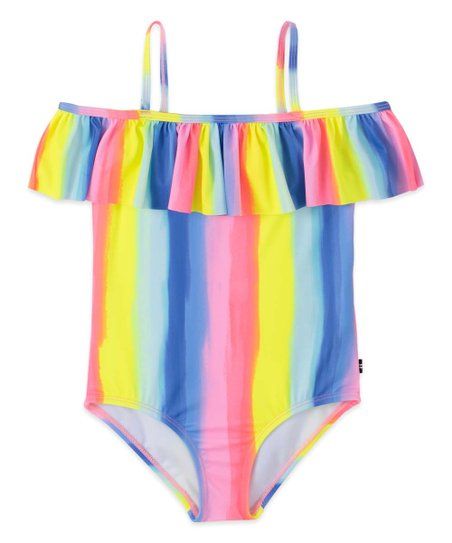 Pink & Yellow Ombré Stripe Ruffle-Detail One-Piece - Toddler | Zulily