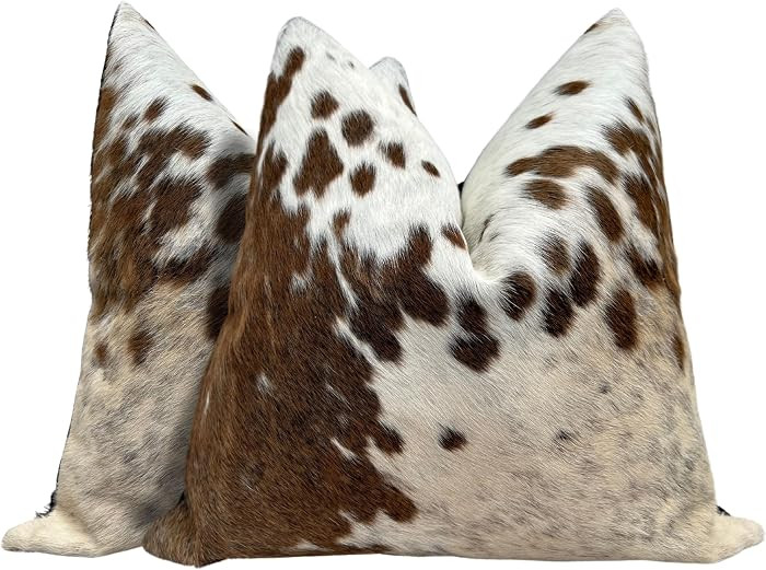 Pack of 2 Set Brown Real Cowhide Genuine Leather Cushion Covers Throw Pillow for Farmhouse Decorations Chair Sofa Living Room Bedroom Decor Hair On Leather Fur 45 Cm 18 Inch Style-1087 | Amazon (US)