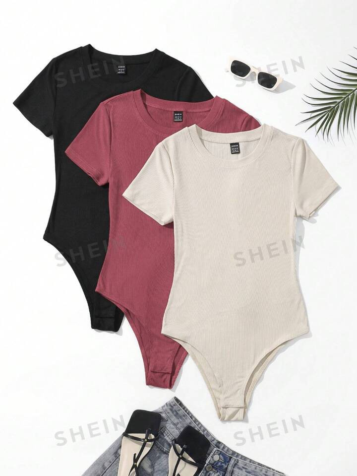 SHEIN EZwear 3pcs Solid Ribbed Knit Bodysuit | SHEIN