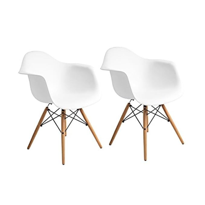 Buschman Set Two White Eames-Style Mid Century Modern Dining Room Wooden Legs Chairs, Armchairs | Amazon (US)