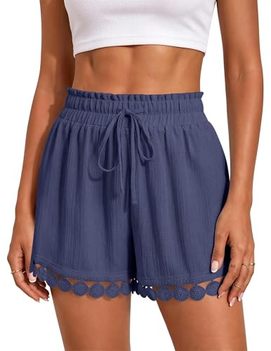Womens Drawstring Shorts Elastic Waist Lace Boho Beach Shorts Summer Casual Short Pants with Pock... | Amazon (US)