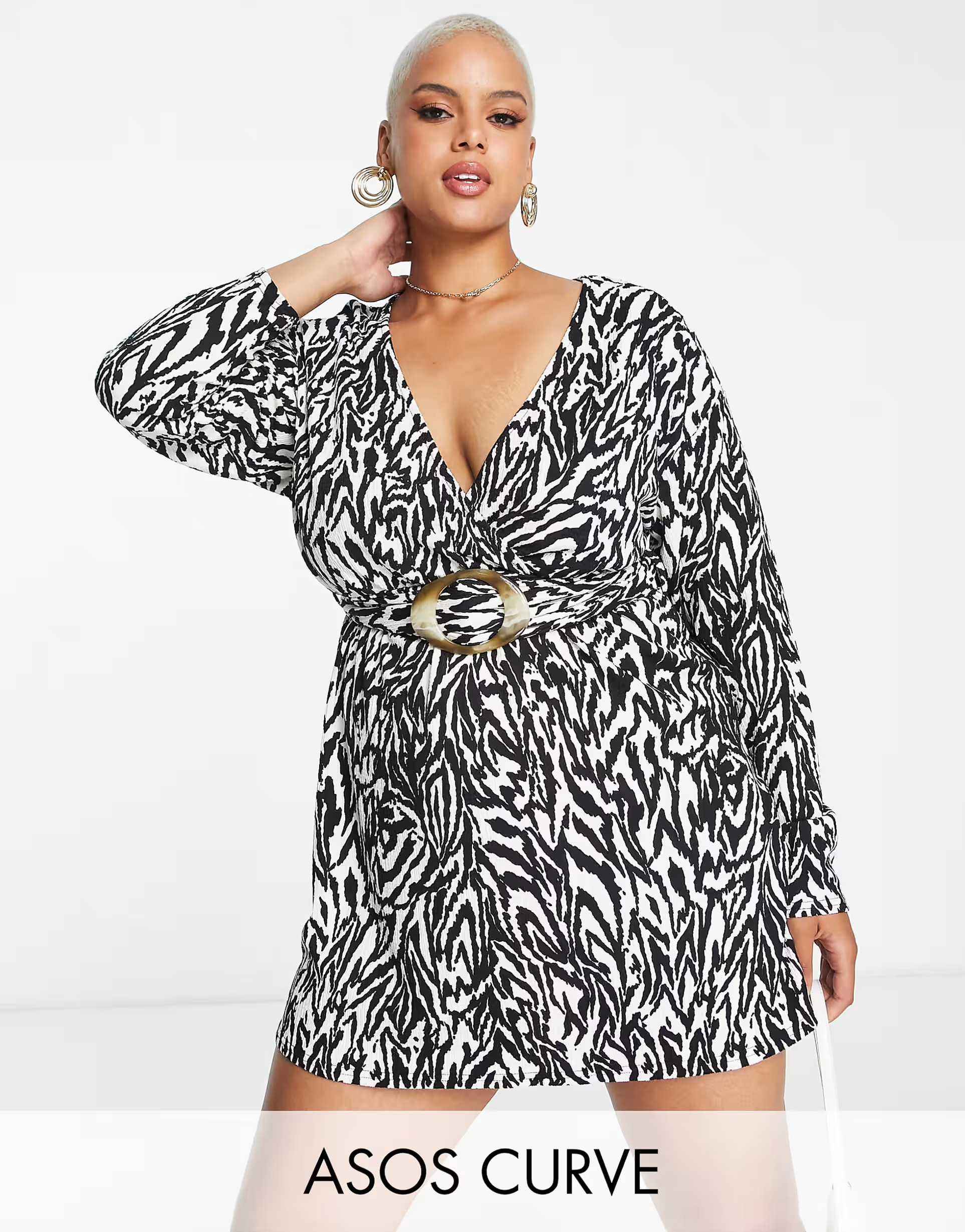 ASOS DESIGN Curve textured long sleeve wrap mini dress with tortoise shell belt in mono zebra | ASOS (Global)