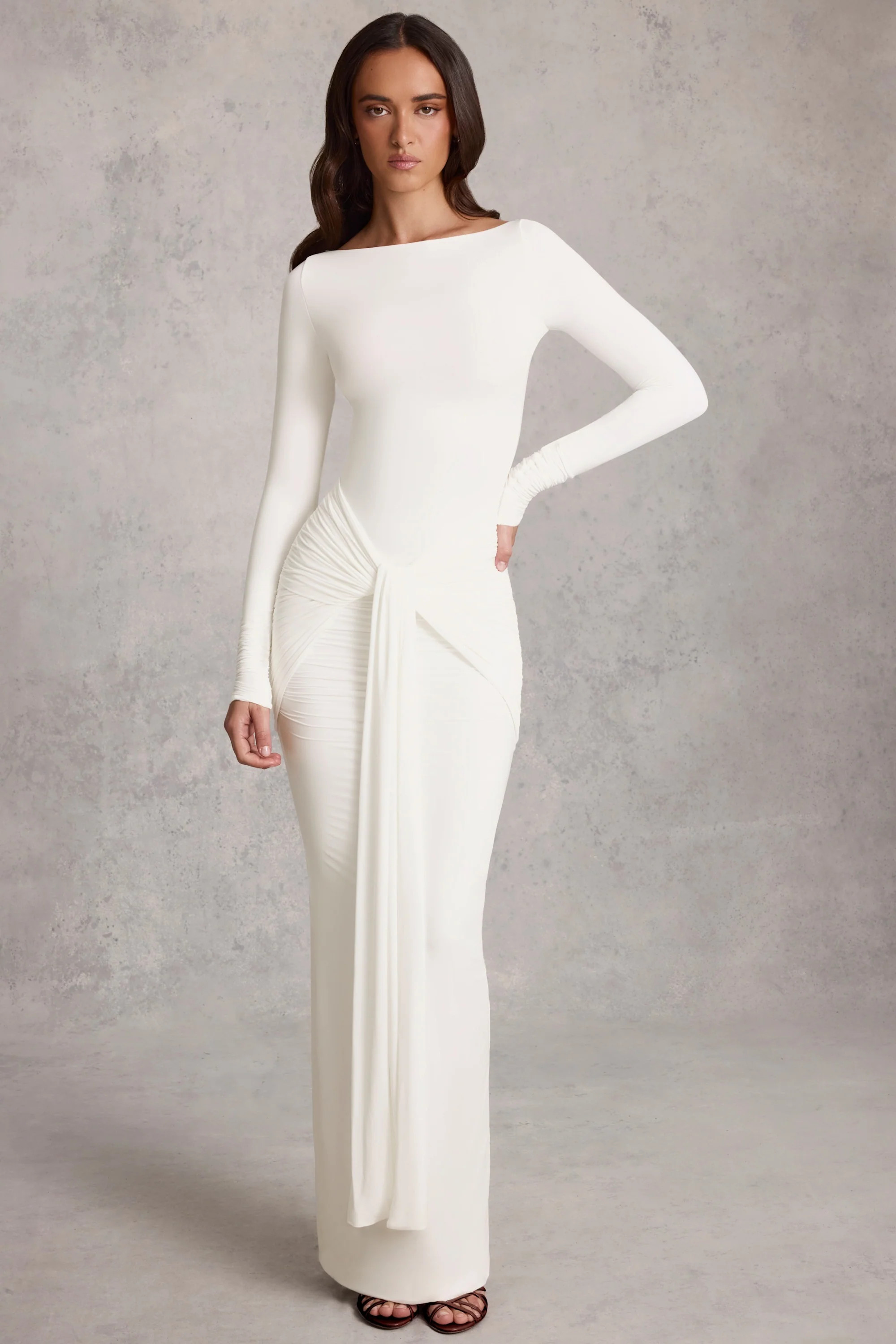 Draped Ruched Maxi Dress in White | Oh Polly