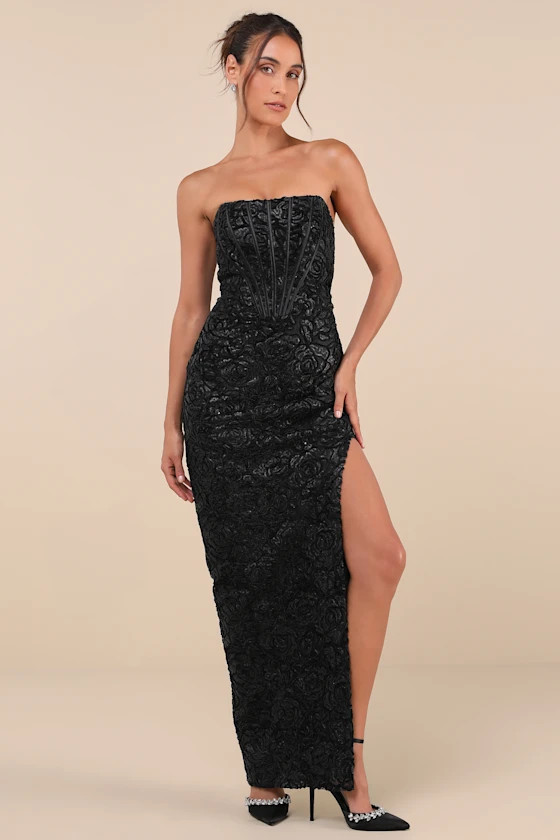Stately Aura Black Mesh Velvet Strapless Bustier Maxi Dress | Lulus