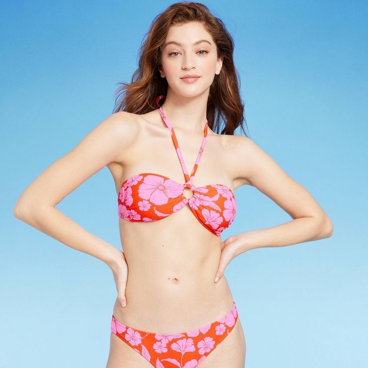 Women's Ring Front Halter Bandeau Bikini Top - Wild Fable™ Orange/Pink Tropical Print | Target