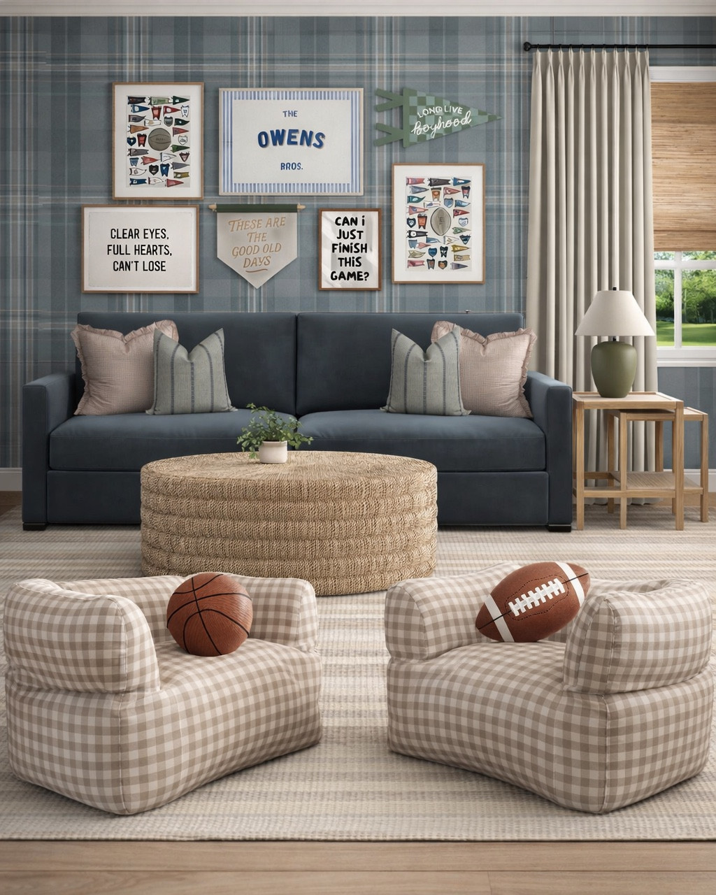 cozy game room decor, kids game room ideas, playroom seating, bean bag chairs for kids, gingham chairs neutral, family room design, basement game room, kids lounge seating, neutral playroom decor, blue plaid wallpaper room, media console styling, large tv living room setup, cozy family movie night space, affordable home decor finds, walmart home decor, target home decor finds, wayfair furniture finds, neutral rug living room, woven basket decor, sports themed playroom, boys playroom ideas, casual cozy home style, layered neutral textures, modern traditional home decor, kid friendly living room design

**renderings made using Ai**

#LTKmomlife #LTKHome #LTKKids