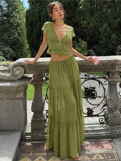2026 Black Lace Crop Top & Maxi Skirt Set – Sheer Chiffon Tie-Front Blouse With Tiered Flowy Skirt, Boho Beach & Festival Outfit | SHEIN