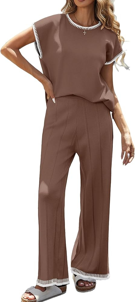 Ekouaer 2 Pieces Outfits for Women Tracksuit Pullover Top and Wide Leg Pants Knit Matching Set Lo... | Amazon (US)