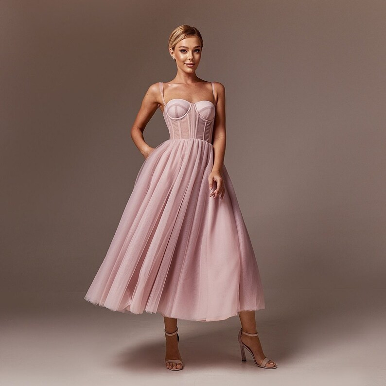 Wedding Guest Dress Midi, Strapless Prom Dress, Overbust Corset Coctail Dress Blush Tulle, 50s Co... | Etsy (US)