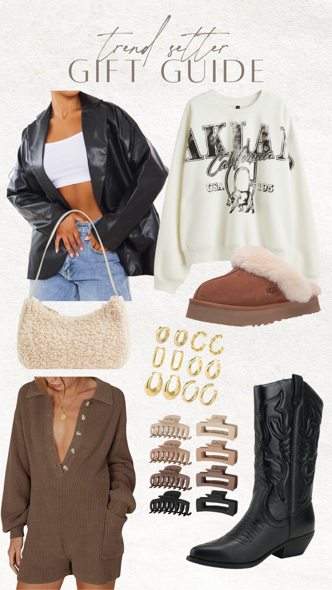 HOLIDAY GIFT GUIDE for the trend setter ✨

— oversized leather blazer
— Sherpa bag
— knit romper 
— oversized sweatshirt 
— uggs
— Amazon western boots
— claw clips
— gold earrings 

Can’t go wrong 👏🏼


#LTKSeasonal #LTKCyberweek #LTKGiftGuide