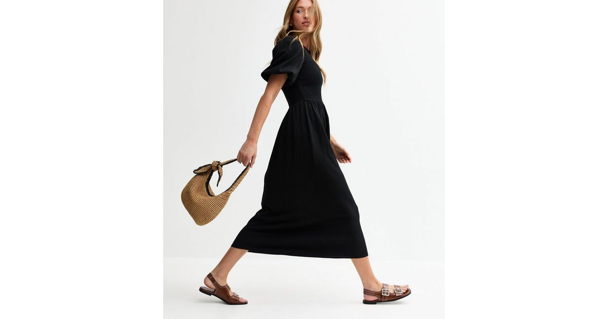 Black Crinkled Shirred Bodice Midi Dress | New Look | New Look (UK)