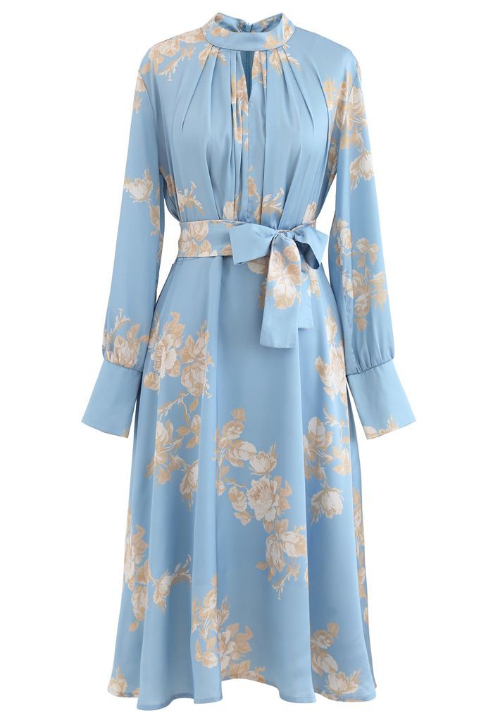 Grab the Spotlight Floral Bowknot Satin Dress in Blue | Chicwish