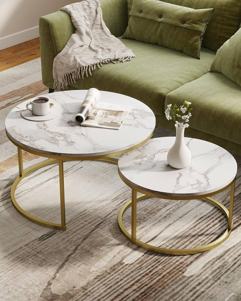 Runder Couchtisch Gold 2er Set 80+60 cm, Couchtisch Marmor Optik MDF Beistelltische Runder Tisch ... | Amazon (DE)