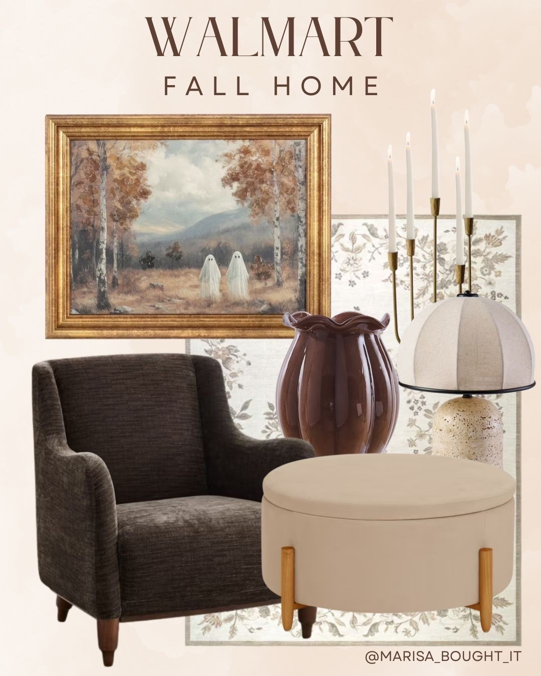 Spooky season cozy home vibes! 👻 

Autumn framed art, moody brown armchair, and elegant brass candlesticks bring the perfect warm aesthetic.

Elevate any room with a chic ceramic lamp, rich vase, and plush ottoman. Mood-boosting fall decor that feels high-end! 🍂🕯️

#WalmartHome #FallDecor #SpookySeason #CozyVibes #LTKhome #AutumnStyle #HomeInspo #InteriorStyling #MoodYDecor #HomeFinds

#LTKSeasonal #LTKHome