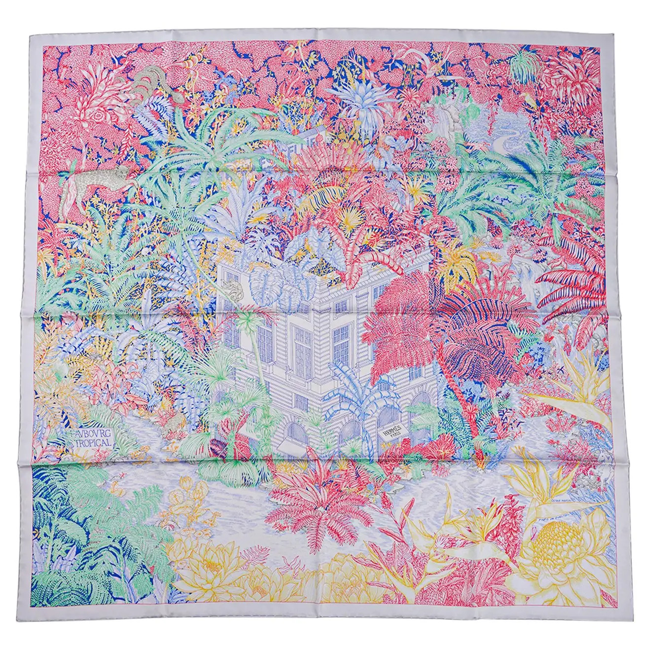 Hermes Scarf Faubourg Tropical Pierre / Rose 90 Silk New w/Box | 1stDibs