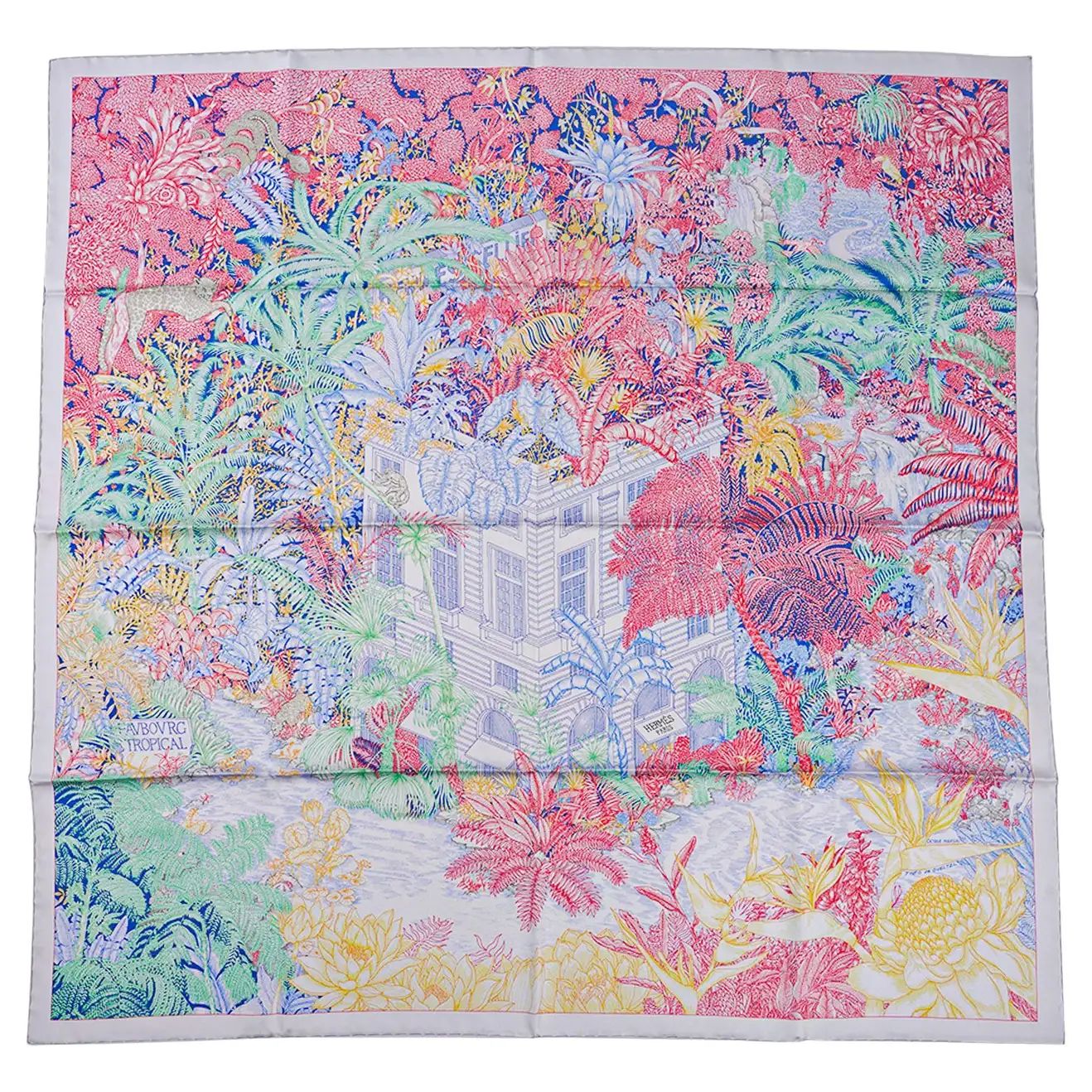 Hermes Scarf Faubourg Tropical Pierre / Rose 90 Silk New w/Box | 1stDibs