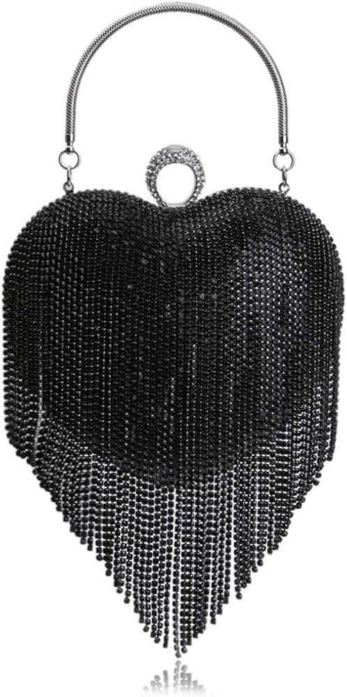 UMREN Women Luxury Heart Shape Tassel Evening Clutch Bag Rhinestones Wedding Party Purse Handbag | Amazon (US)