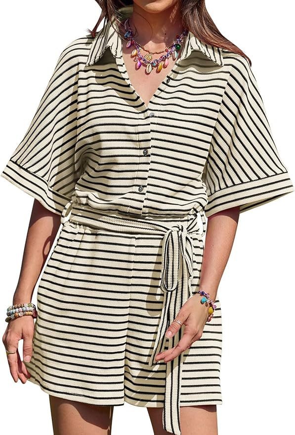 Yousify Womens Summer Rompers V Neck Waffle Short Sleeve Striped Button Down Jumpsuit with Pocket... | Amazon (US)