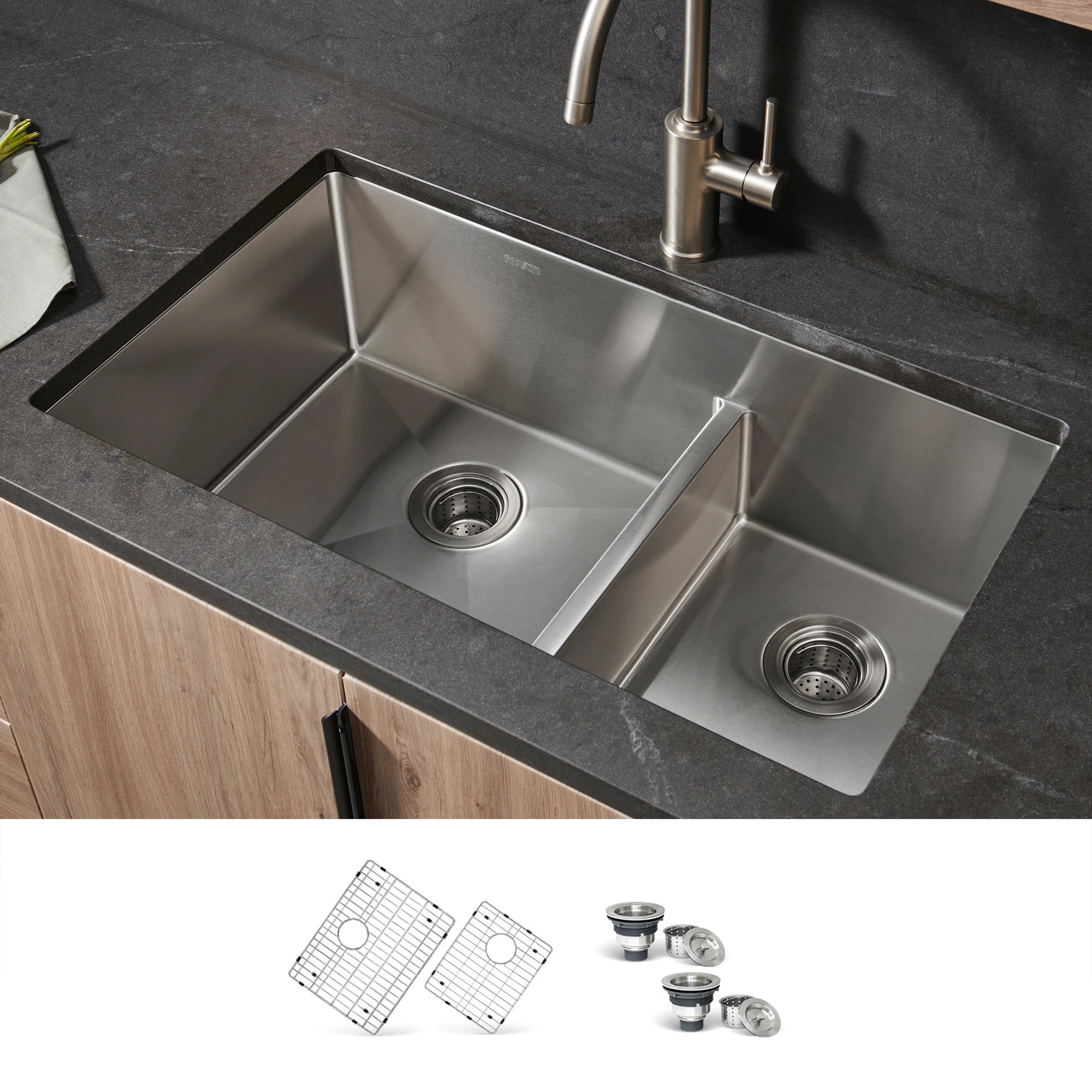 Ruvati Urbana Undermount 28-in x 19-in Stainless steel Double offset bowl 16 -Gauge Kitchen Sink one_size | RVH7255 | Lowe's