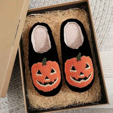 Pyhlmscde Womens Slides Ladies Furry Plush Round Toe Flat Slippers Halloween Pumpkin Prints Home Shoes Indoor Outdoor Slippers | Walmart (US)