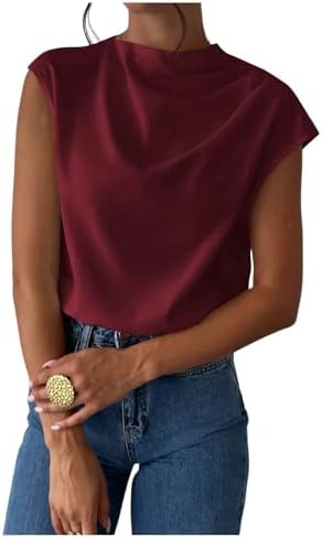 MakeMeChic Women's Draped Neck Tops Cap Sleeve Mock Neck Keyhole Work Shirt Summer Blouse | Amazon (US)