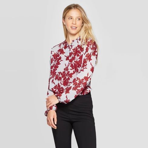 Women's Leaf Print Long Sleeve Collared Popover Blouse - A New Day™ Blue | Target