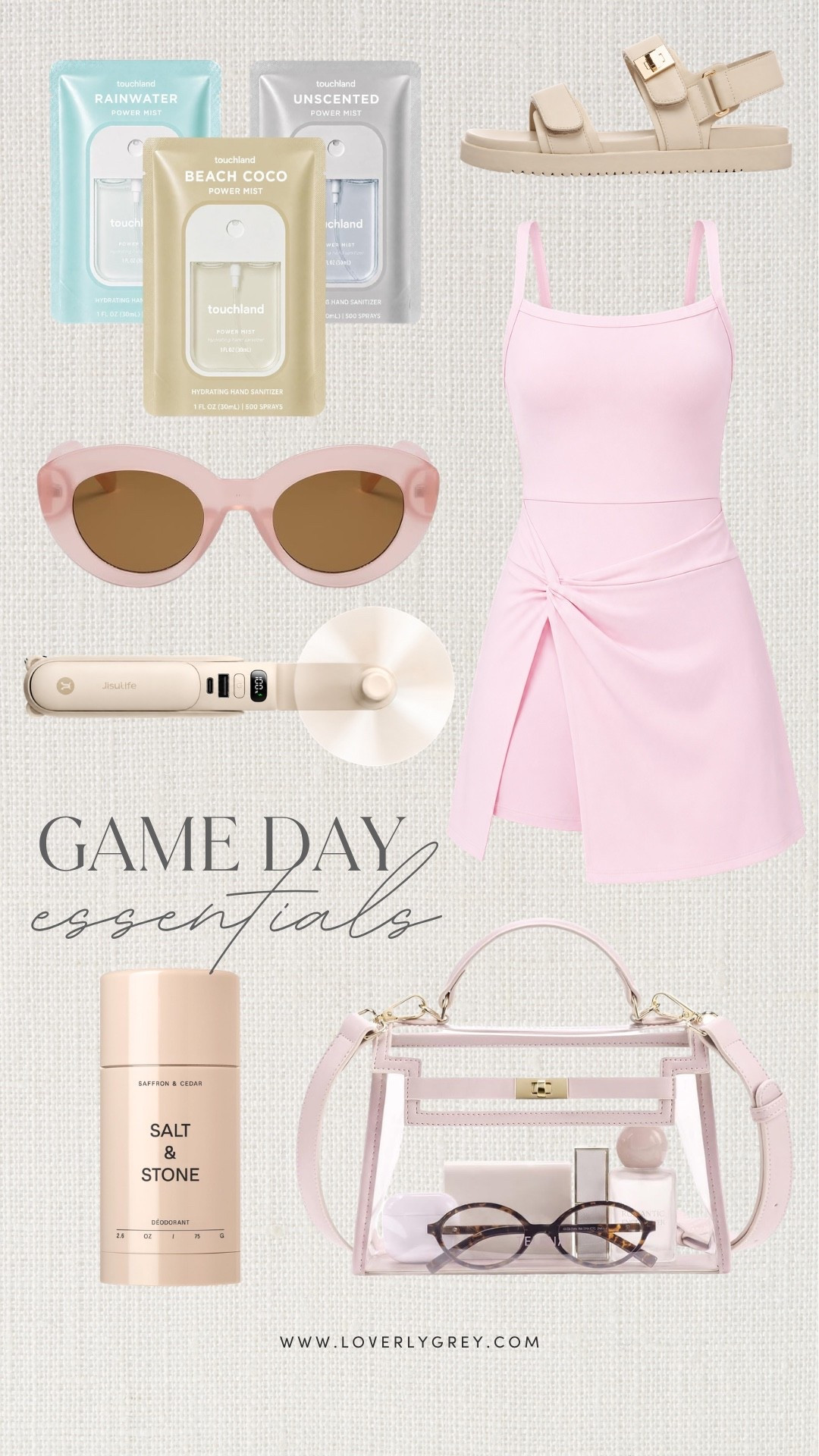 Pink game day finds featuring a sporty mini dress, clear stadium bag, comfortable sandals, sunglasses, portable fan and Touchland hand sanitizer. Cute football game essentials for tailgating, warm weather games and cheering on your team!

#LTKSeasonal #LTKActive
