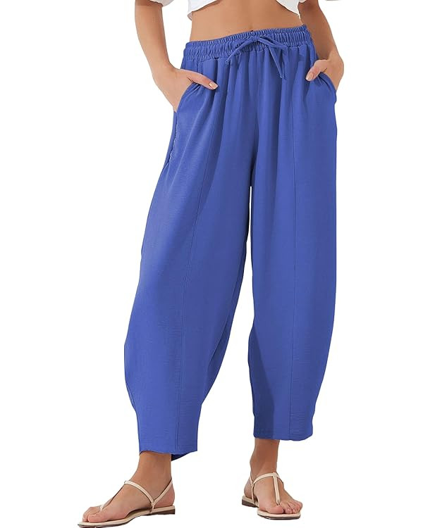 EVALESS Women's Summer High Waisted Baggy Pants Casual Ankle Length Trouser Slacks with Pockets | Amazon (US)