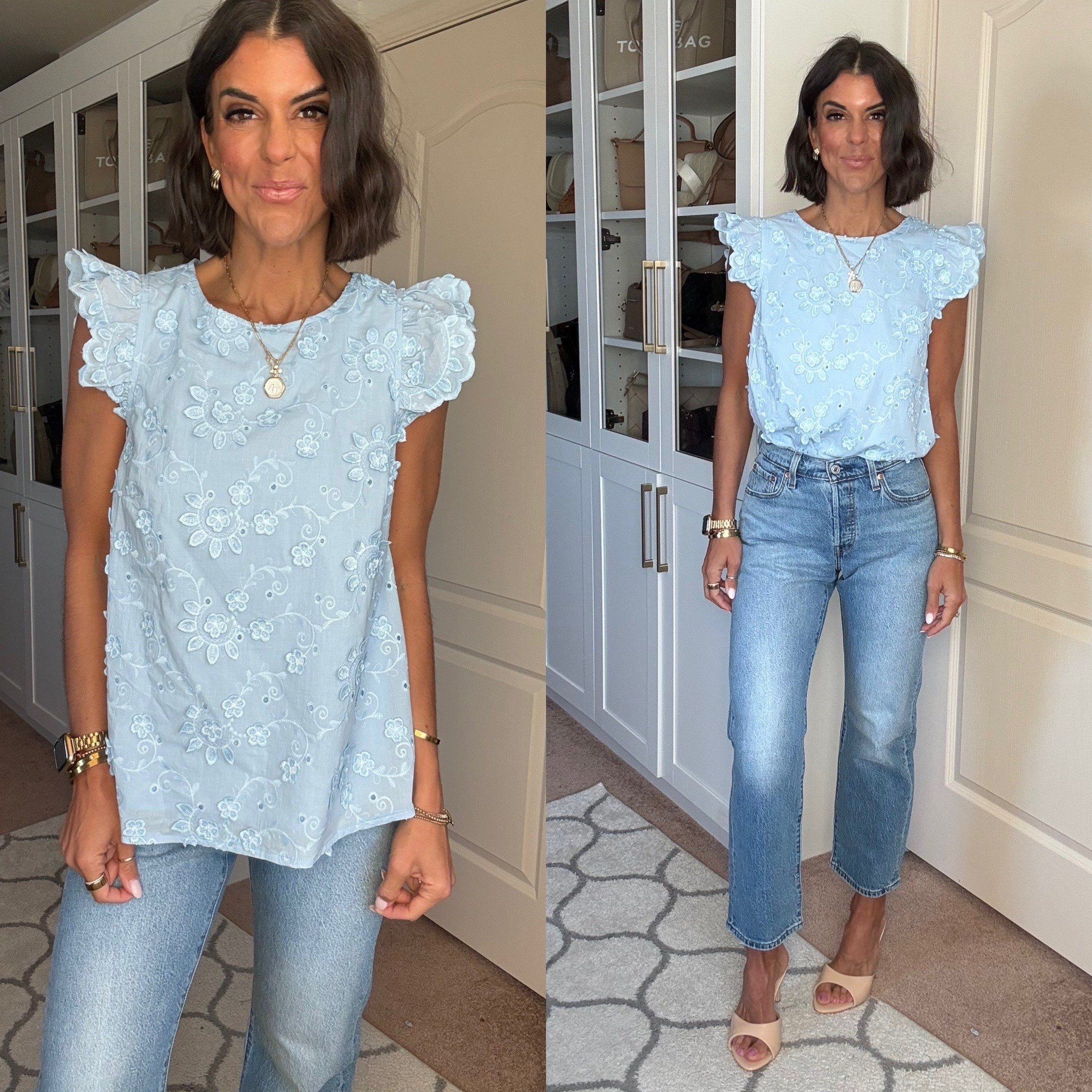 Size small in blouse size 2 in jeans 

#LTKSeasonal