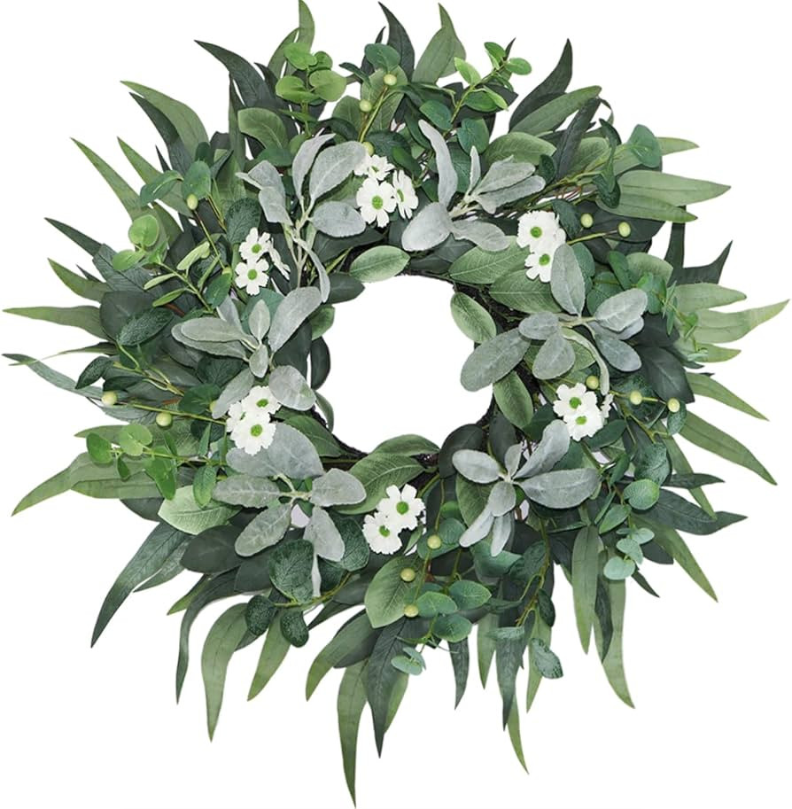 24"-26" Green Eucalyptus Wreaths for Front Door with Lambs Ear White Flowers – Lifelike Spring,... | Amazon (US)