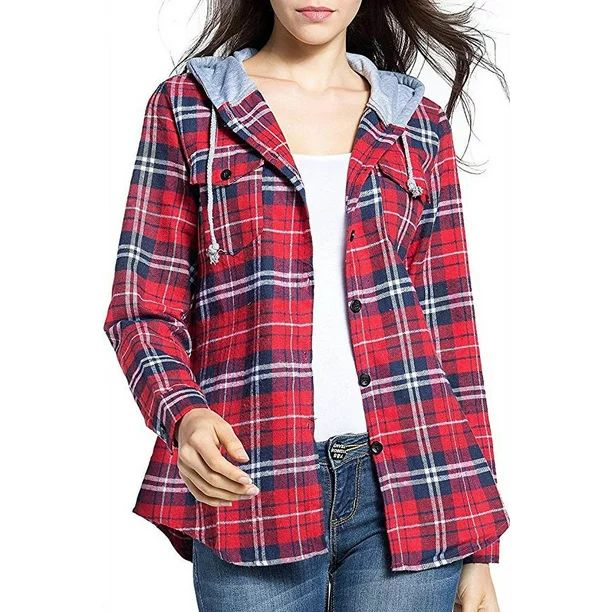 Women's Classic Plaid Cotton Hoodie Button-up Flannel Shirts - Walmart.com | Walmart (US)