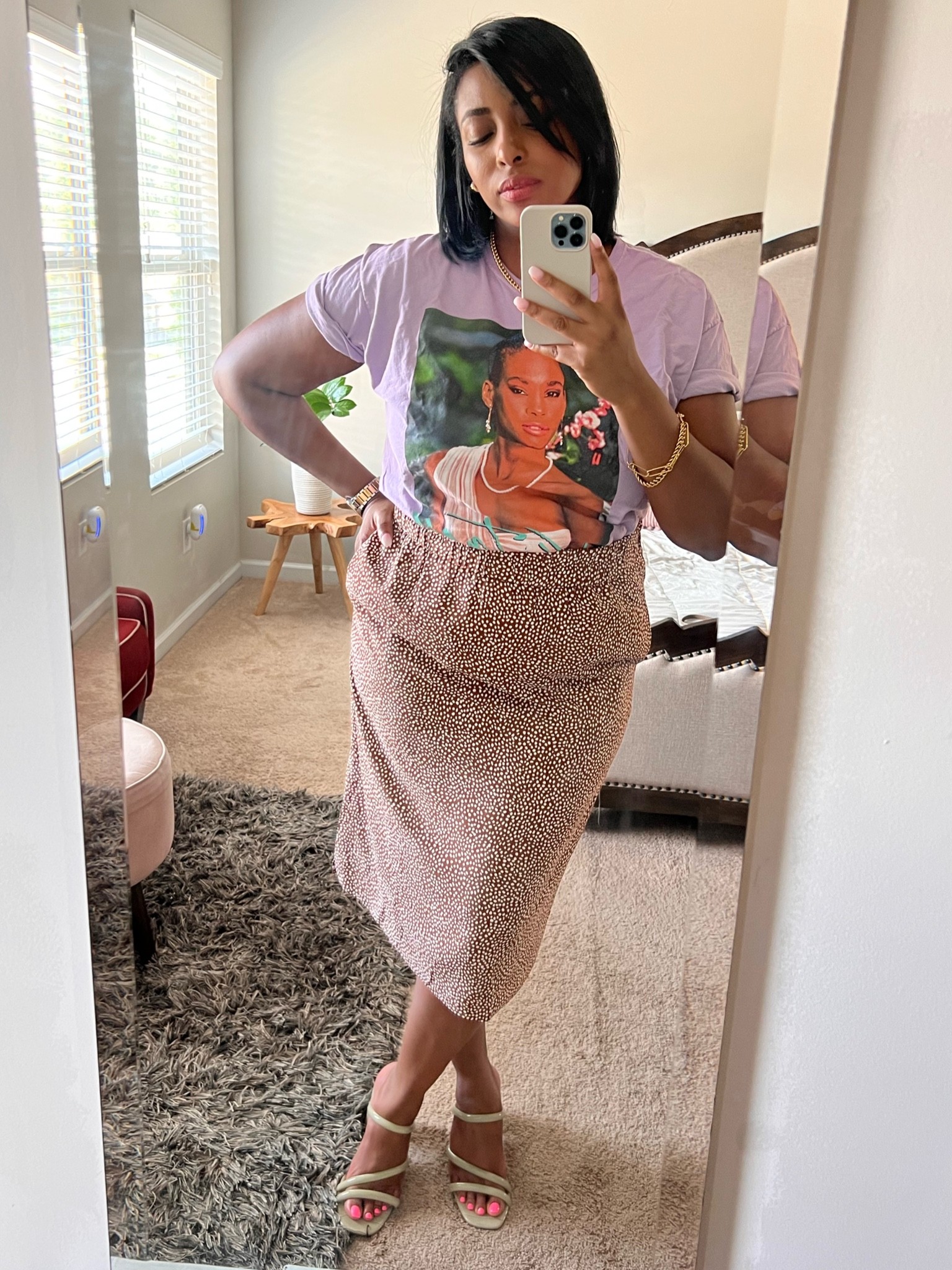 Pull on skirt, graphic t-shirt, chunky heel sandal, gold.

#LTKsalealert #LTKunder50 #LTKshoecrush