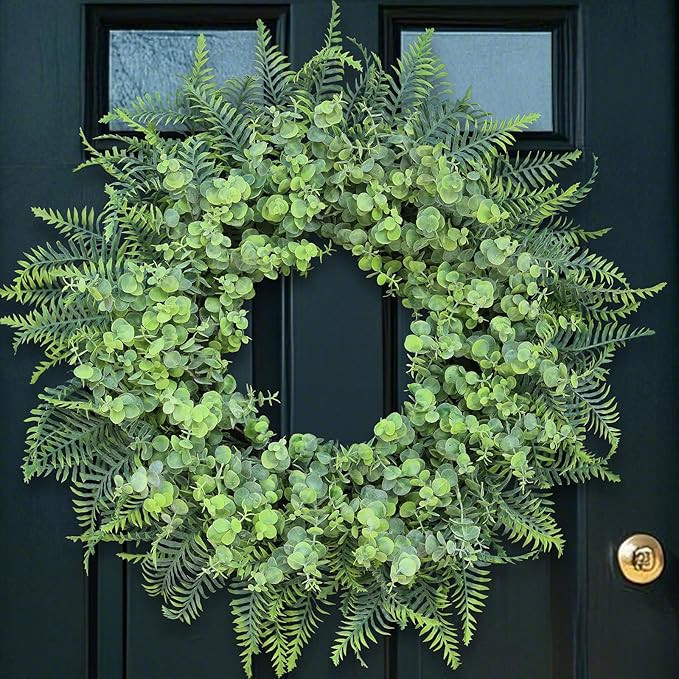 26'' Eucalyptus and Boston Ferns Wreath for Front Door - Large Artificial Greenery Outdoor Wreath... | Amazon (US)