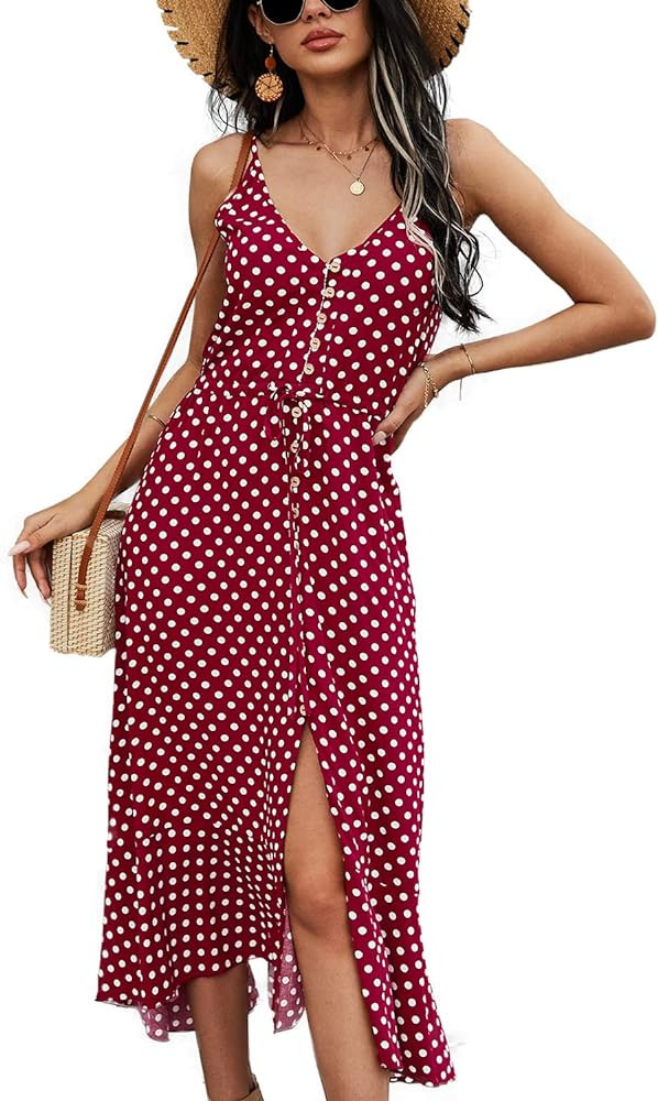 BROVAVE Women's 2025 Summer Casual Boho Sundress Polka Dot Spaghetti Strap V Neck Flowy Midi Dres... | Amazon (US)