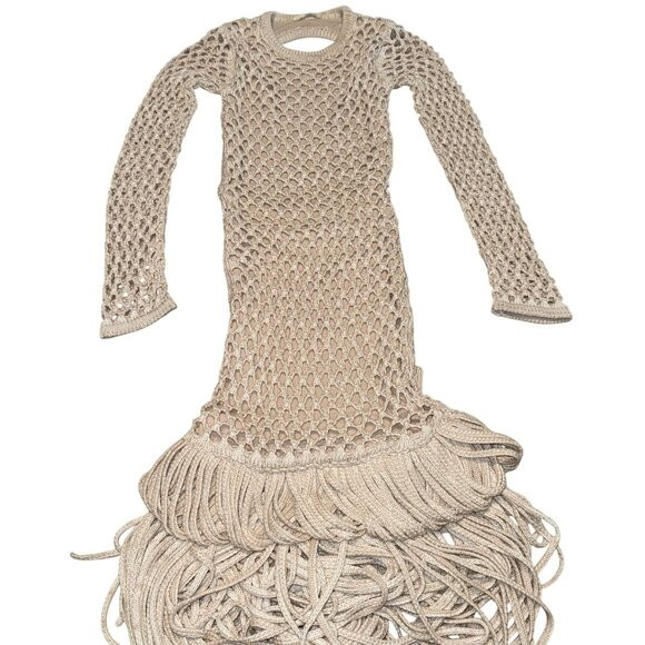 Diotima Medusa Backless Fringe Knit White Cream Maxi Dress Women's 1 X-Small XS | Poshmark
