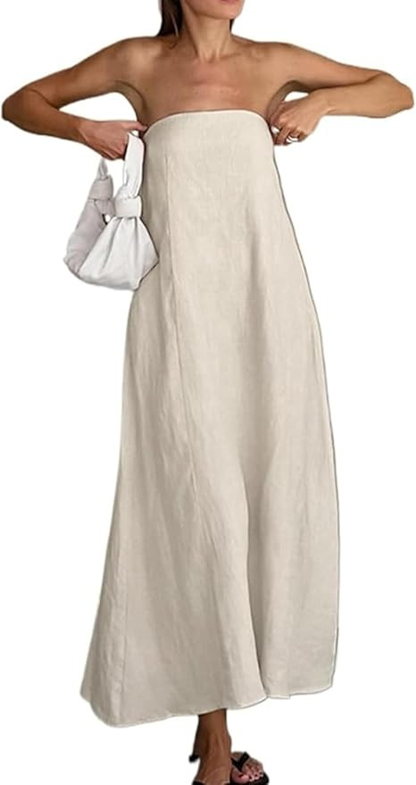 Aesthetic Dress Strapless Linen Maxi Dress Linen A-Line Strapless Dress for Vacation and Going Ou... | Amazon (US)
