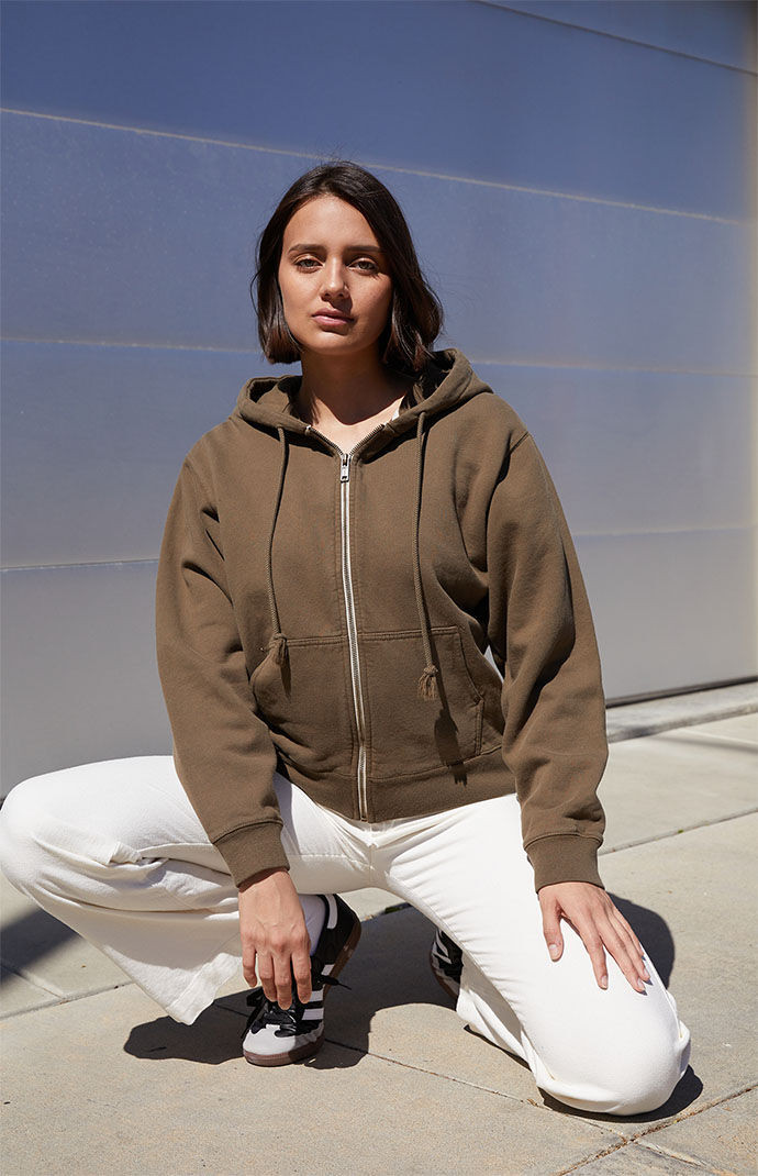 John Galt Women's Brown Full Zip Hoodie in Light Brown - Size XS | PacSun