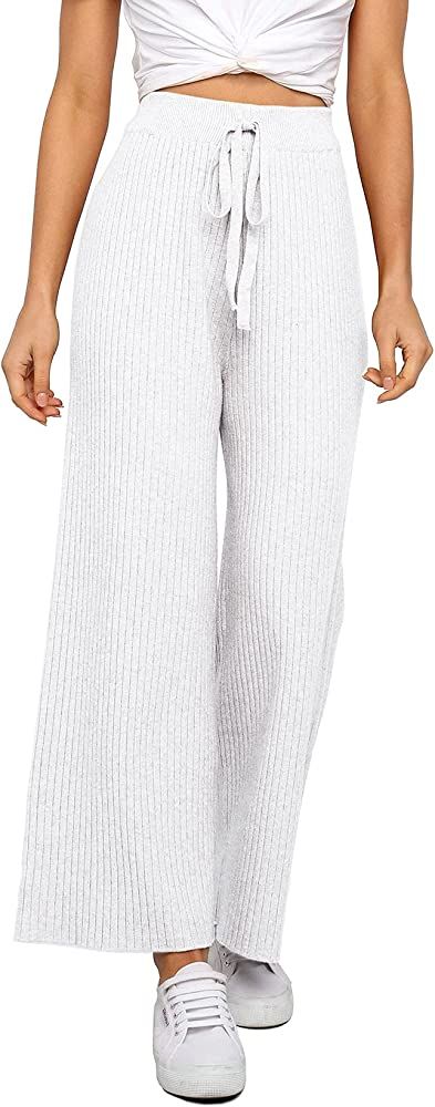 Waitfairy Womens Solid Rib Knit Wide Leg Pants Elastic Waist Flowy Sweater Pants | Amazon (US)