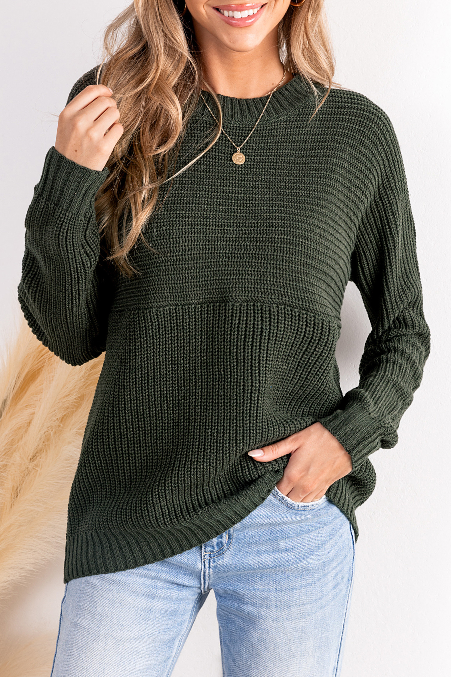 Green Round Neck Long Sleeve Knit Sweater | Cupshe US