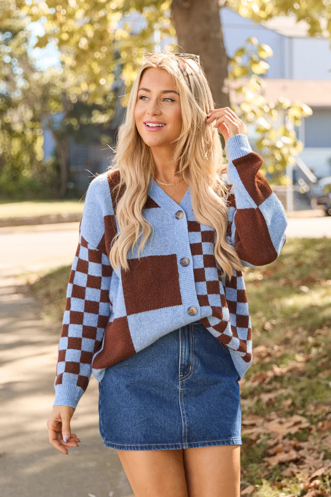 Alyssia Brown And Blue Checkered Cardigan SALE | Pink Lily