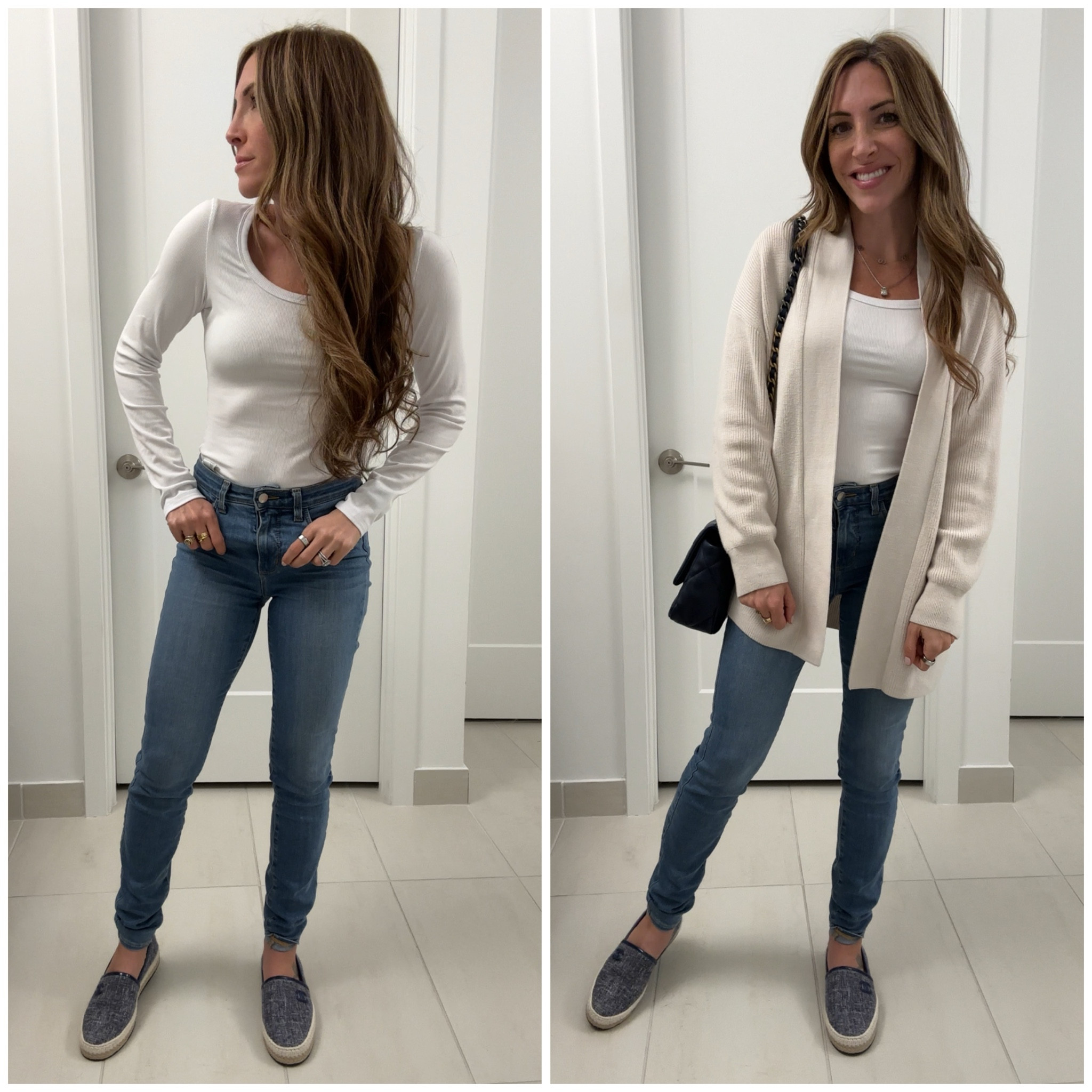 Wearing skinny jeans, blue espadrilles, white long sleeve t, cream colored cardigan sweater, navy crossbody bag 

#LTKSeasonal #LTKStyleTip #LTKFindsUnder100