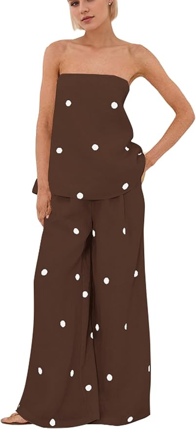 Women Polka Dot 2 Piece Outfits Spot Strapless Tube Top High Waist Wide Leg Pants Casual Lounge S... | Amazon (US)